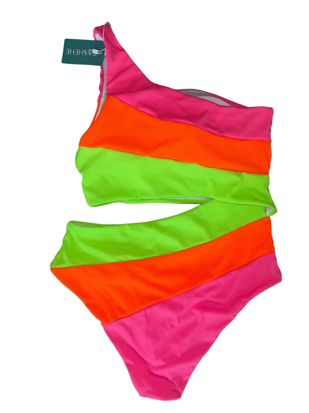 SHEIN Neon Colorblock One-Shoulder Swimsuit - Pink, Orange, Lime Green